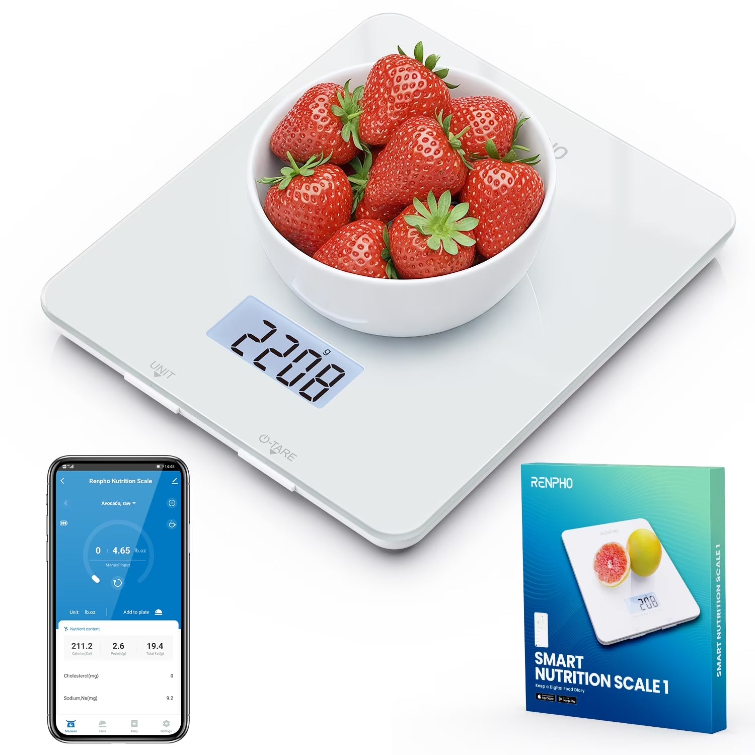 Bluetooth Food Scale with App, Digital Smart Kitchen Scale, Glass, White