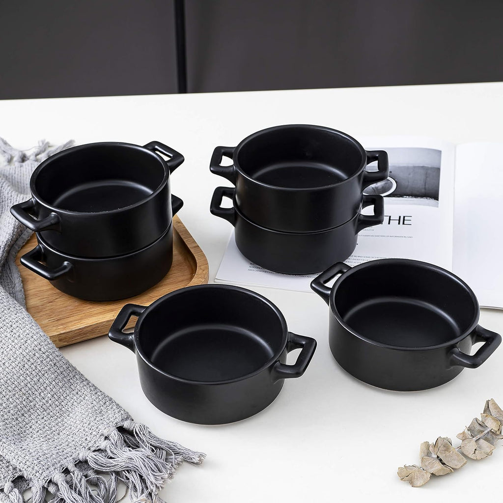 Ceramic Ramekin Set of 6 Serving Plates. 10 Oz Porcelain Baking Skillet for Souffle Dishes with Handles. Safe for Oven, Microwave, Dishwasher. Serving Dish, Matte Black
