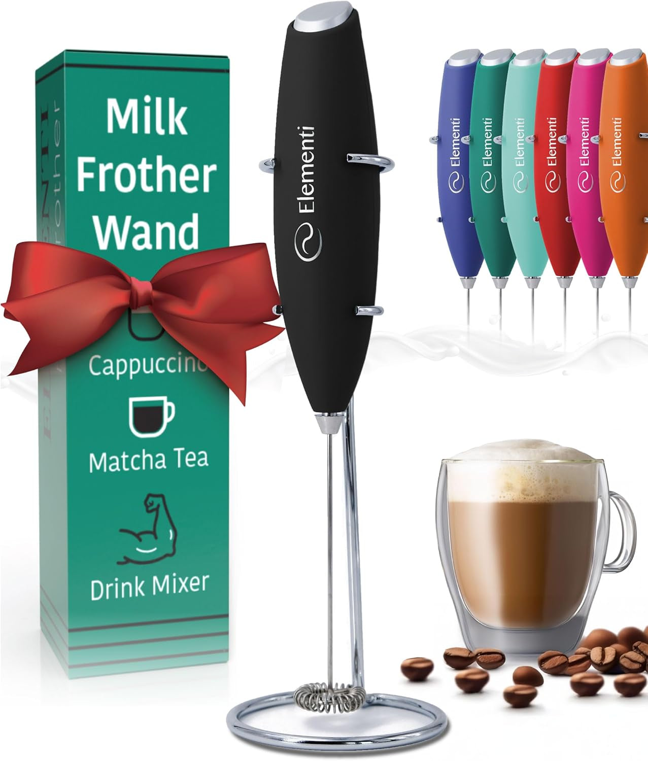Milk Frother Wand & Drink Mixer with Stand - Turbo Milk & Coffee Frother Handheld - Hand Held Coffee Mixer Wand & Cold Foam Maker for Frothy Cappuccinos, Lattes & Drink Mixes at Home - Black