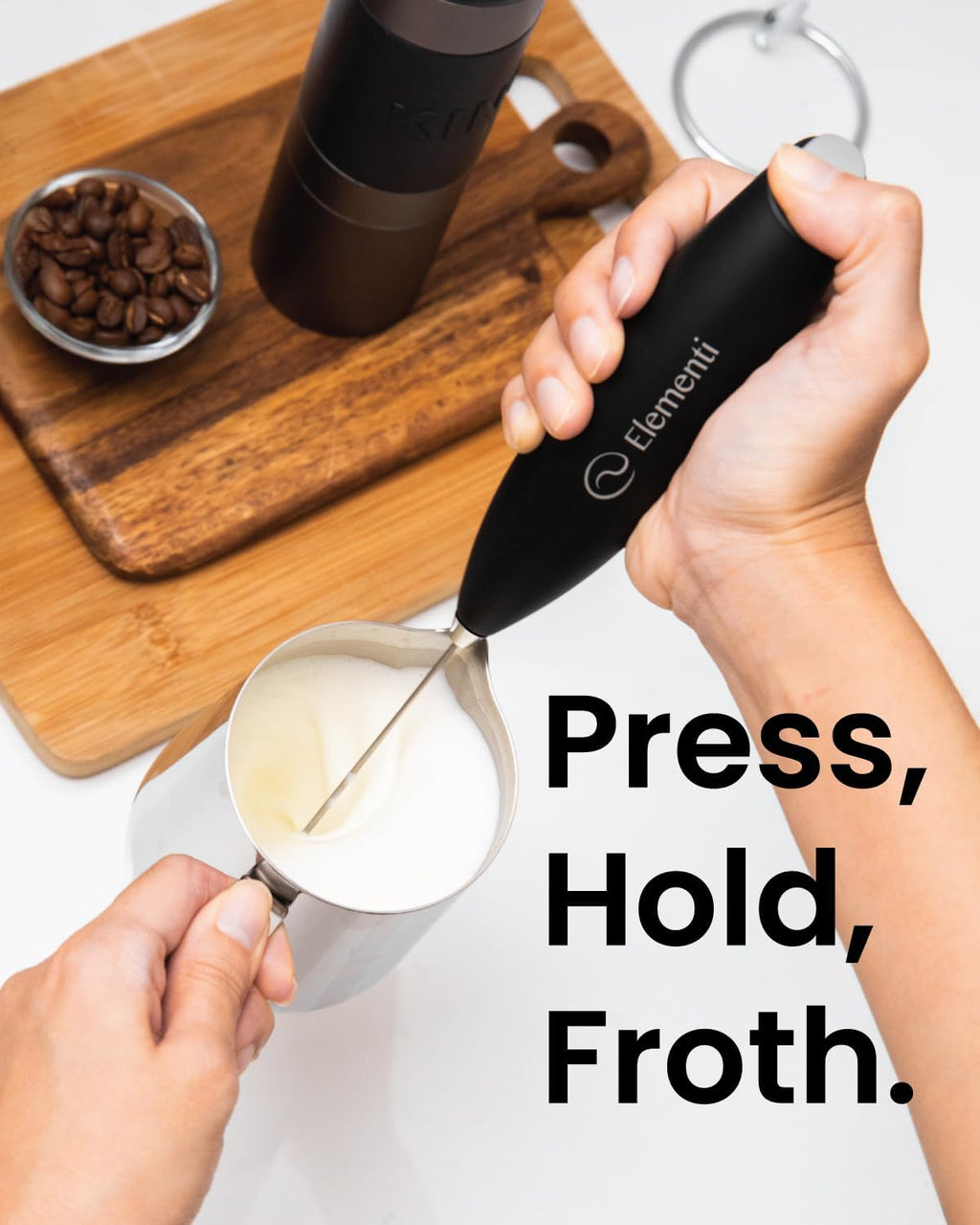 Milk Frother Wand & Drink Mixer with Stand - Turbo Milk & Coffee Frother Handheld - Hand Held Coffee Mixer Wand & Cold Foam Maker for Frothy Cappuccinos, Lattes & Drink Mixes at Home - Black