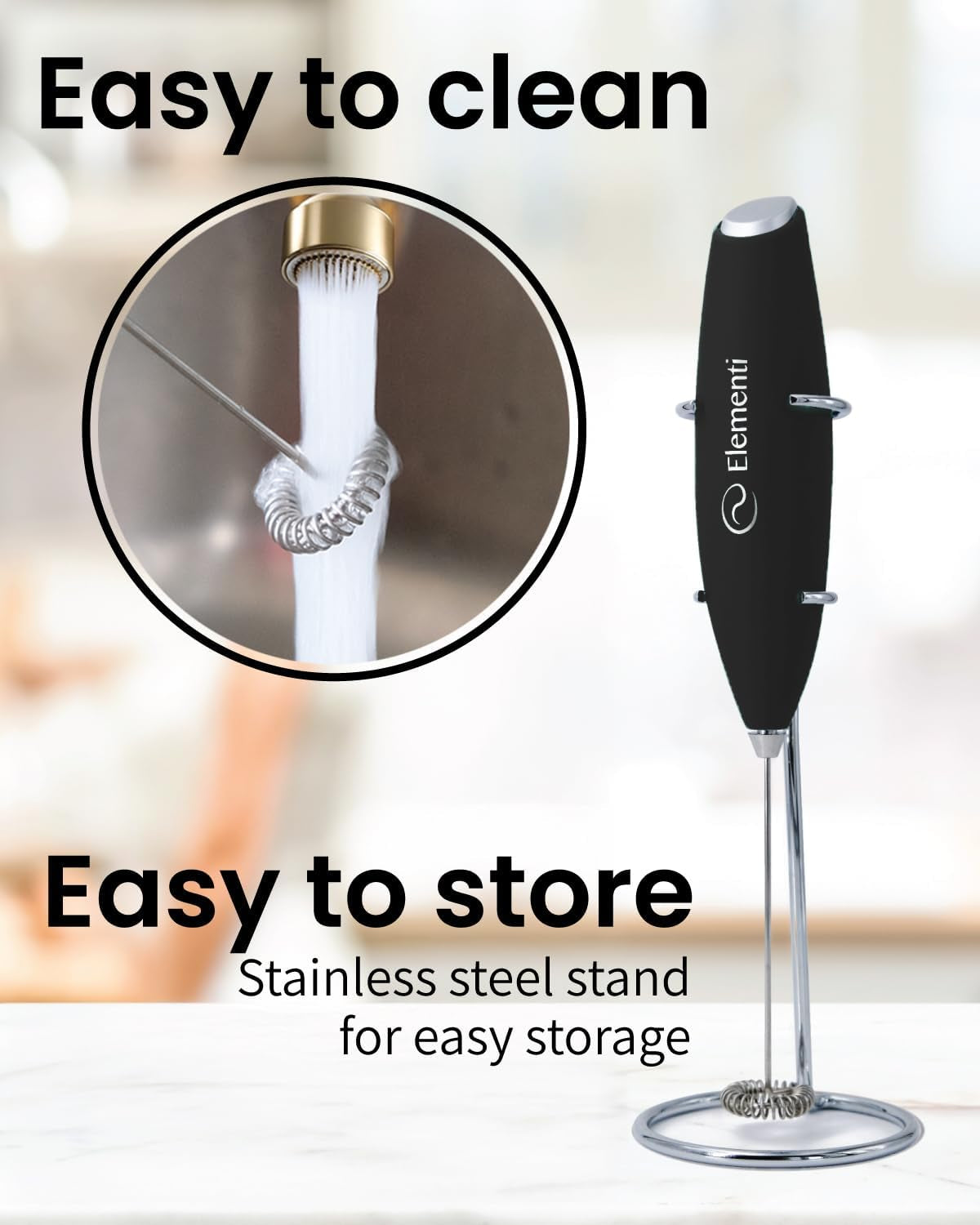 Milk Frother Wand & Drink Mixer with Stand - Turbo Milk & Coffee Frother Handheld - Hand Held Coffee Mixer Wand & Cold Foam Maker for Frothy Cappuccinos, Lattes & Drink Mixes at Home - Black
