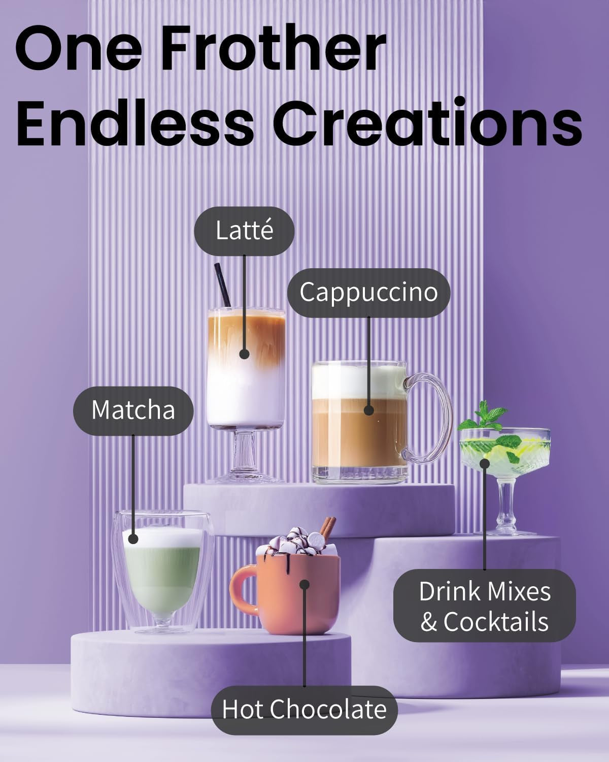 Milk Frother Wand & Drink Mixer with Stand - Turbo Milk & Coffee Frother Handheld - Hand Held Coffee Mixer Wand & Cold Foam Maker for Frothy Cappuccinos, Lattes & Drink Mixes at Home - Black