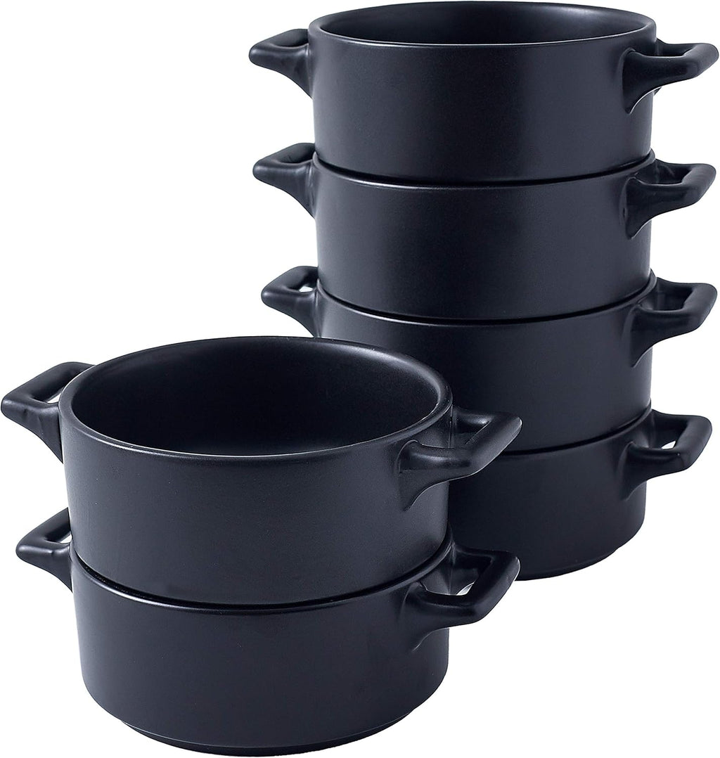 Ceramic Ramekin Set of 6 Serving Plates. 10 Oz Porcelain Baking Skillet for Souffle Dishes with Handles. Safe for Oven, Microwave, Dishwasher. Serving Dish, Matte Black