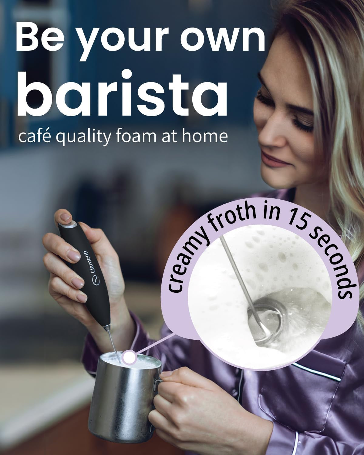 Milk Frother Wand & Drink Mixer with Stand - Turbo Milk & Coffee Frother Handheld - Hand Held Coffee Mixer Wand & Cold Foam Maker for Frothy Cappuccinos, Lattes & Drink Mixes at Home - Black